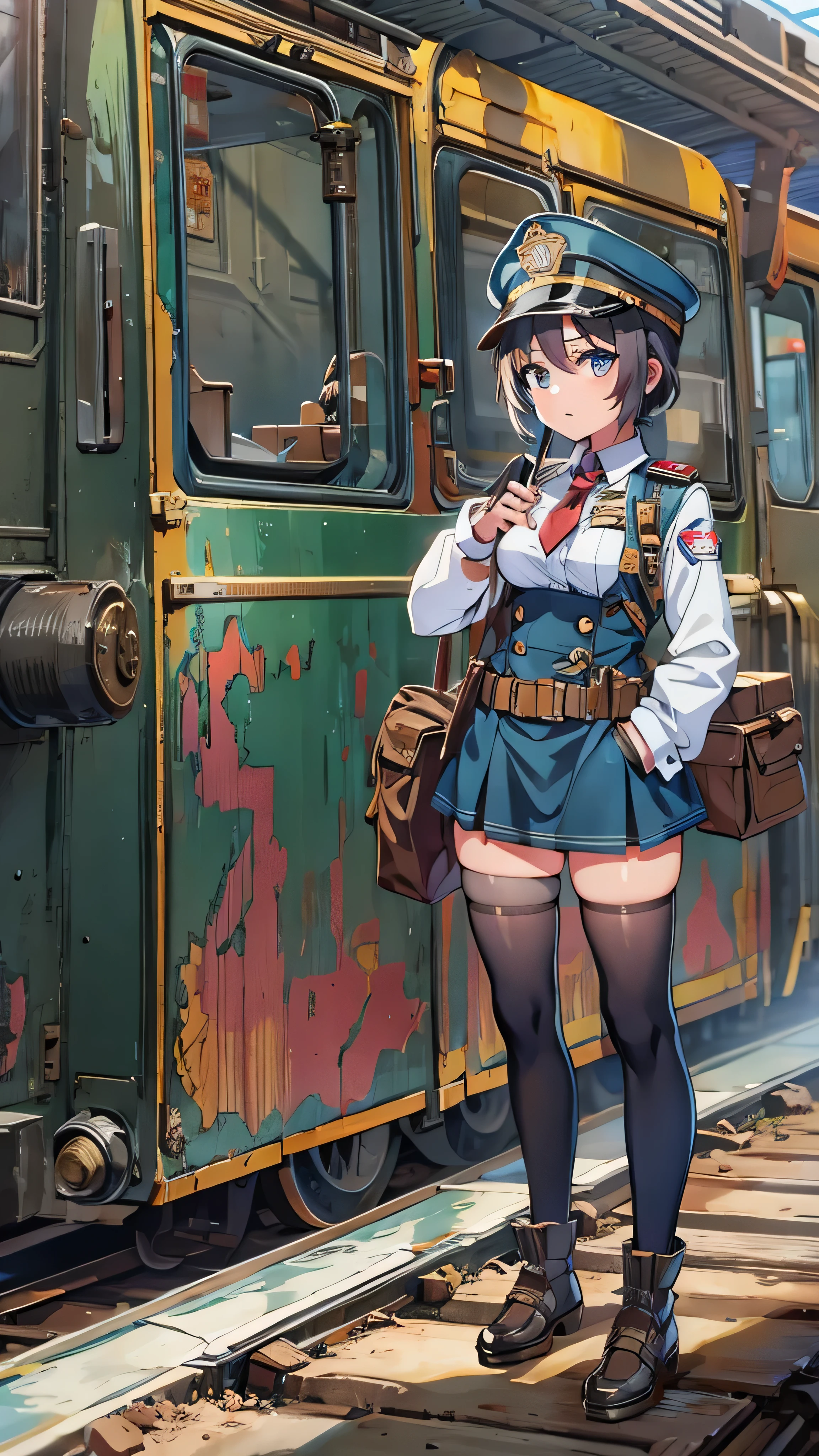  1 girl,  Pilot Cap  , Alone,  face details、 steam punk, Big Station, A girl in a railroad worker's uniform, steam, cigarette, masterpiece,  very detailed, high definition ,8k resolution,  best quality, full body high quality images 
