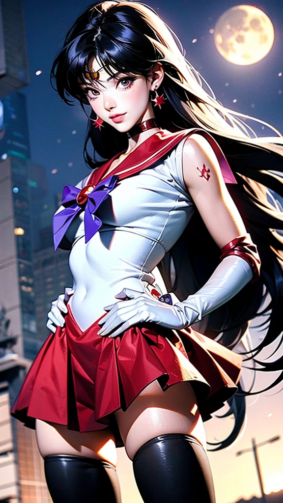 A beautiful female, solo, (perfect sailor mars cosplay girl), (((beautiful high resolution illustration, ultra detailed, pastel colors ,))), image of head to knees, front view, standing with little open stance, (absolutely detailed beautiful face, sexy face, natural makeup), perfect figure, detailed depiction, (put your hand on your hip, point at viewer, perfect depiction of fingers, perfect anatomy), ((extremely detailed)), masterpiece , best quality, incredibly absurdres, perfect illustration, 4k, 8k, perfect anatomy, ultra detailed anime style, realistic, photorealistic, ((extremely description, late night, a moon in the sky, beautiful moon, night, in the park, in background )),  ReiHino, (sailor mars, neck ribbon, long hair, circlet, jewelry, crescent earrings),BREAK (red skirt, dress, thighhighs)