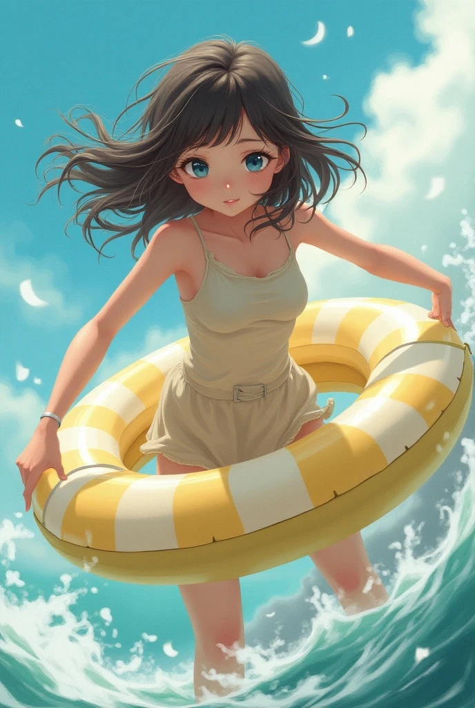 1girl、Eating a popsicle、Black Hair、Pigtails、Navy blue school swimsuit、Brown Skin、Red polka dot swim ring、Red underwater goggles、Ocean、Perfect hands、deep faint light 、 detailed CG、high resolution