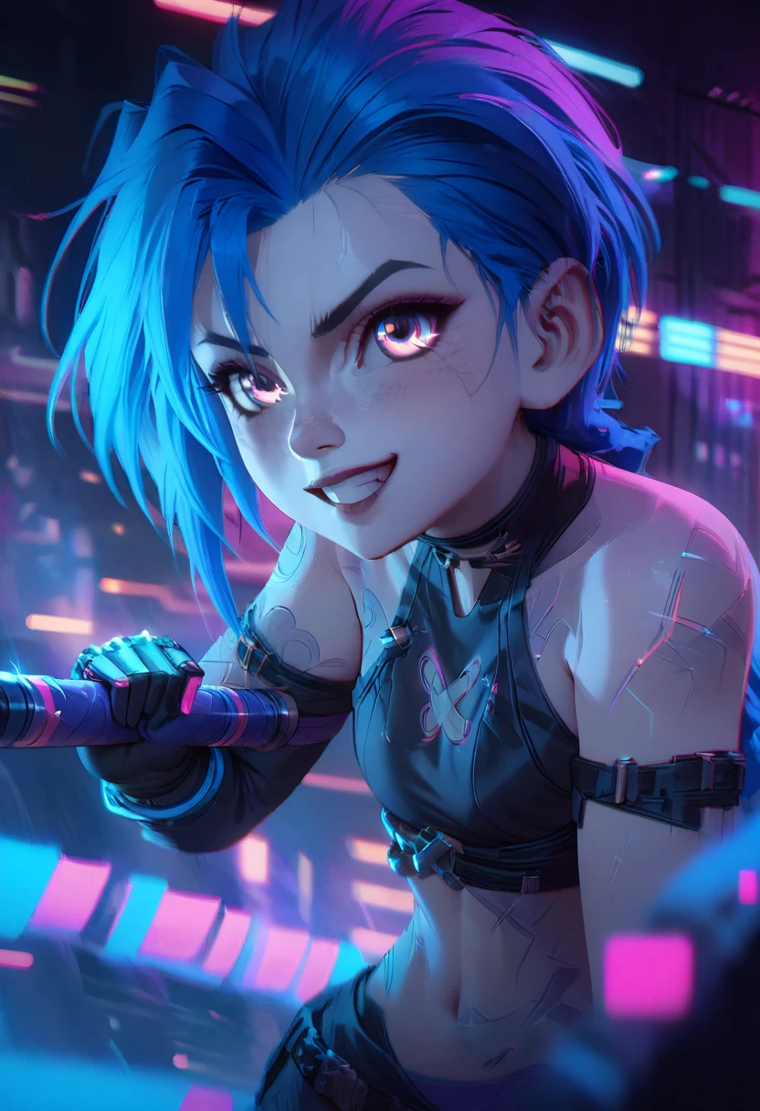 a close-up of a person with blue hair and tattoos, jinx from arcane, dynamic fighting pose, holding weapons in hand, detailed, expressive smile, vibrant, inspired rossdraws cartoon in rossdraws, epic digital art illustration, fantastic art style, cyberpunk art style, vibrant pastel rossdraws,futuristic city neon cyberpunk, rossdraws 2. 0, deviantart artstation cgsscosiety