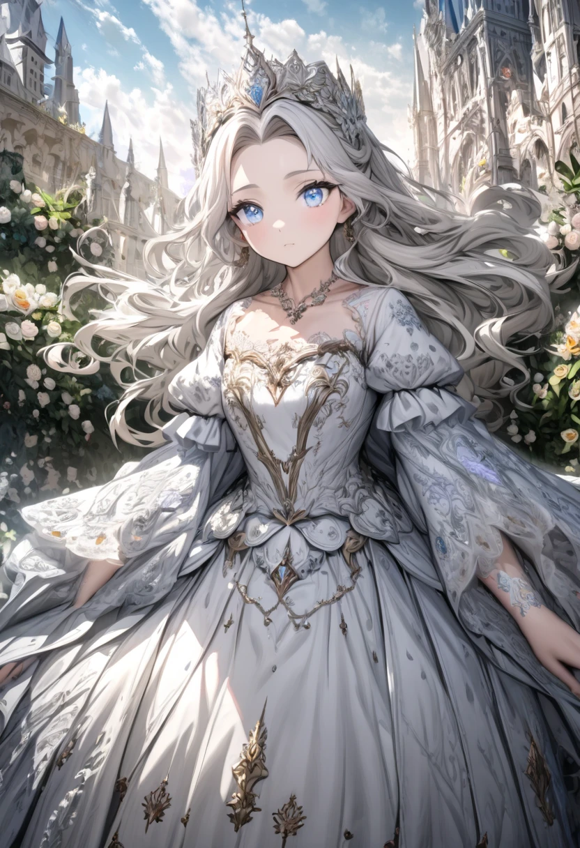 Ultra detailed, Highres, absurdres, HDR, master piece, a beautiful young woman  with long white hair, light blue eyes, fair skin, Princess ,primroseses, beautiful dress, solo