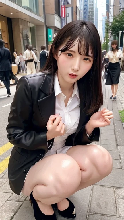 Highest,masterpiece,Highest品質, high definition , High Quality ,Realistic, Medium Hair ,Business Bags:1.2,Wet髪,torn pantyhose, pants style, high heels,  colored shirt , has small breasts, black jacket , business suit:1.5,,,Place your hands between your thighs,Wet,sweat, orgasm , white skin, oily skin ,Identification card, white chocolate:2.0, embarrassed face :1.2,Several men in the background