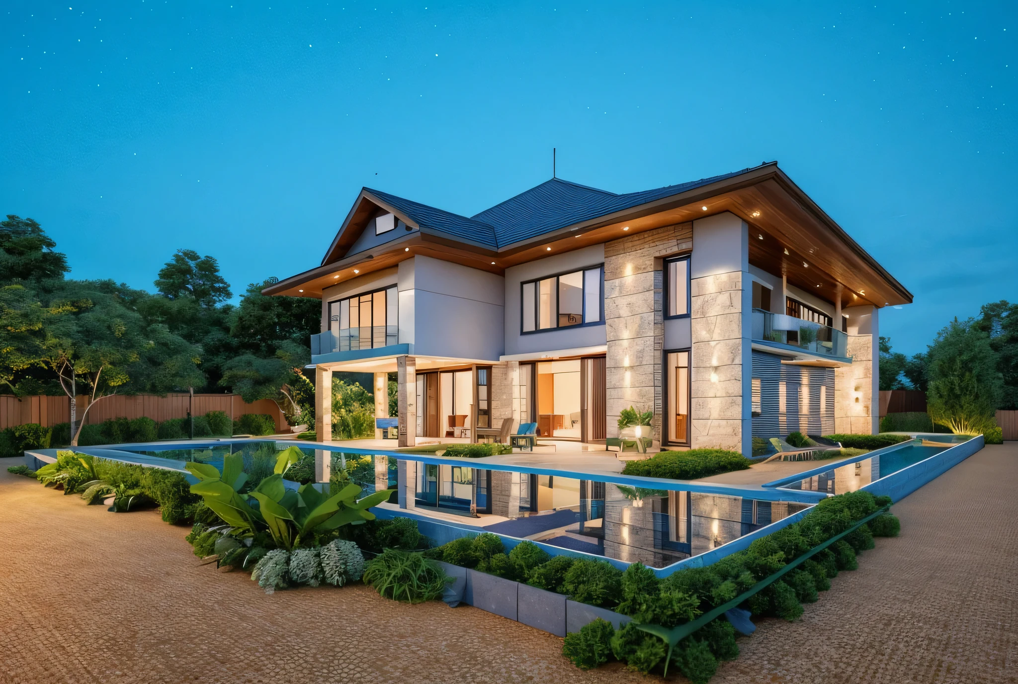 (Villa in city ,close houses and trees), slope_roof , tile_roof ,daylight ( best quality) ((high solution)) ,(( photo realistic)) ,warm light,  soft lighting, warm atmosphere,high Resolution, hyper detailed,4k ,vray render, octane render, hyper realistic, photography expert ,exterior design , professional photography, exterior photography,wide-angle shot , ultra detail , high Resolution , full frame, full body