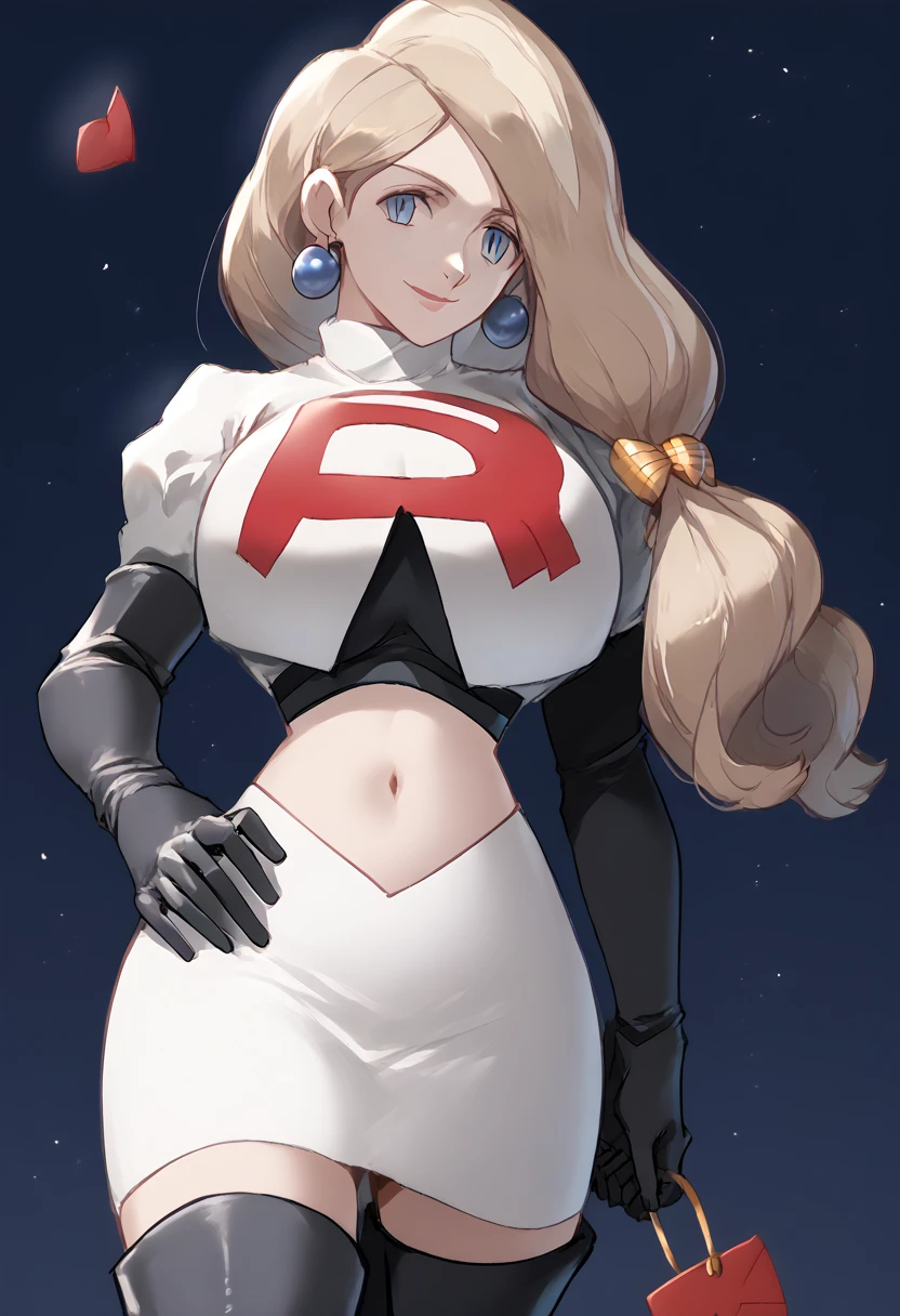 Team rocket, team rocket uniform, red letter R, white skirt,white crop top,black thigh-high boots, black elbow gloves, evil smile, night sky background, earrings, large breasts, high-heeled boots, Mercedes Von Martritz, light brown hair,