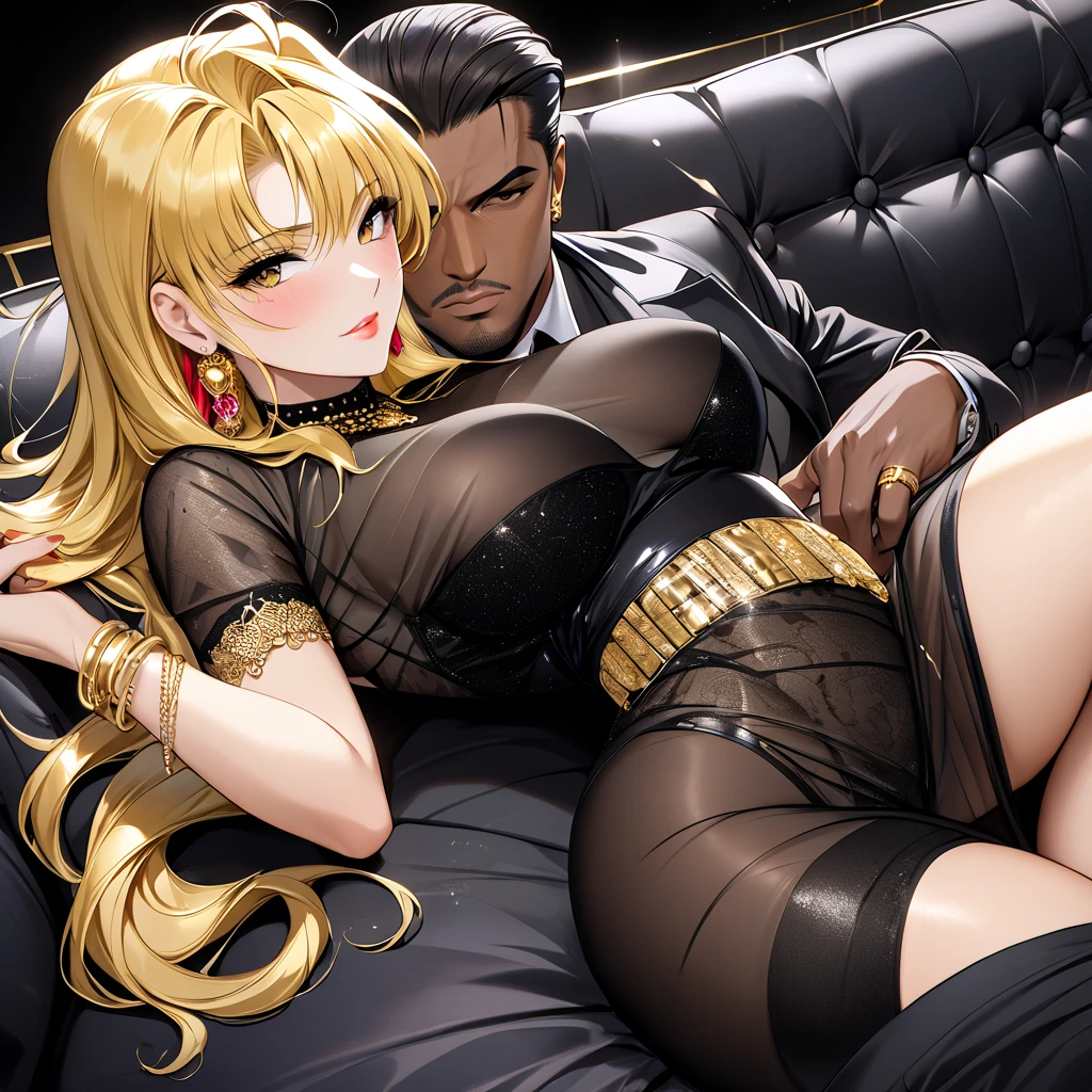 The woman who is the wife of the mafia boss is hugged by a black mafia man as the wife of a strong black mafia boss man wearing a beautiful blonde Fate Testarossa, a luxurious see-through bodycon dress with vulgar, flashy, shiny gold, jewelled earrings, bangles, rings, necklaces, waist chains, etc., and is happily snuggling up together on a luxurious sofa、(( best quality)), ((masterpiece)), ( Details), （ perfect face）,The woman who became a Mafia boss's wife in both body and mind is a blond Fate Testarossa with excellent proportions 