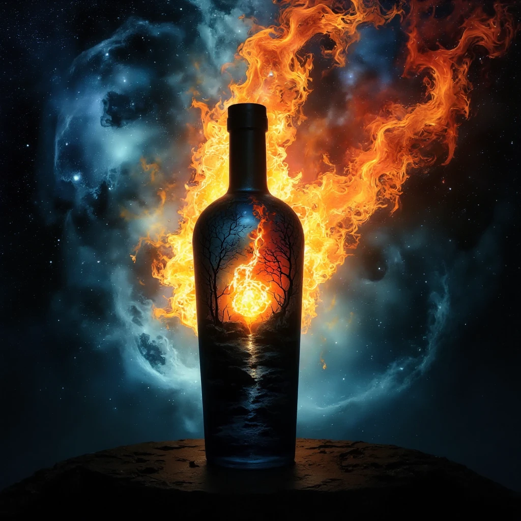 Evening with beautiful sunset, Stars twinkling in the sky, Standing Beautiful bottle with Magical Symbols, Galaxy Dust shimmering inside the bottle, 8k, Best Quality, Masterpiece, Super sharp Detail, Intricate Details, fantasy elemental,