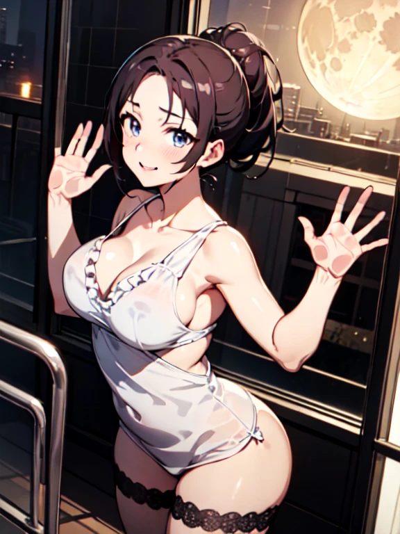 (( anime style))、Brown Hair、  ponytail、Big Breasts、(masterpiece:1.0)、((High image quality))、(( best quality))、((See normal ))、((Normal hand))、(( anatomically correct hand ))、(Frill lace)、(Pale pink camisole dress)、((bend))、((  place your hands on your lower back))、( big butt )、(My chest hits the glass:1.2)、(Fogging of windows:1.3)、smile、  her crotch is open 、(Big Moon)、Night view、balcony