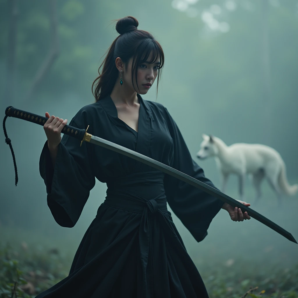 The mysterious woman, wearing a black Yukata and hakama, obi,(Musashi Miyamoto) Wielding a long Japan sword, Split with a powerful blow、Wrapped in a fog that blocks visibility, Revealing a vivid and otherworldly scene, The clarity of a sword strike against a blurry background, Mysterious Background, The white big fox  sharp gaze the camera.A mysterious layer of mist covers the foreground, Earrings, Clear Eyes, Exquisite and delicate kimono, Dramatic lighting and colors