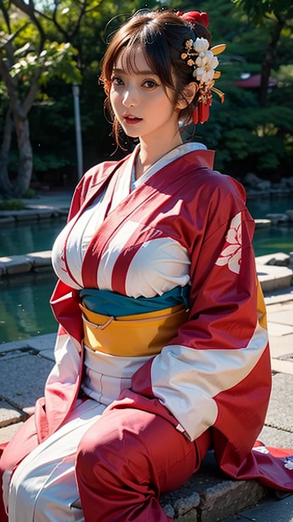 ((realistic:1.2)),masterpiece,  best quality,  high definition , 1girl 22 Ahoge Hair Accessory, ((kimono:1.4)) ,((Huge Breasts))