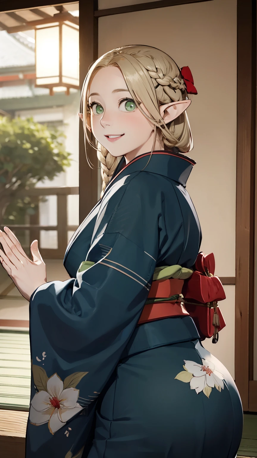 (masterpiece,  best quality)，32K，  Details, 1 person ,  silver accessory ， very chubby girl ，  short ，blonde，  elegant ，( Pointy Ears)，((kimono))，green，(((kimono)))，  Avoid Light Makeup  ，  light brown hair ，Long Hair，( full body image:0.85)，(Accentuate your big butt)，Laughter，masterpiece， best quality，  gentle smile touching your head ，  captivating gaze  ，  random hairstyle， Japanese-style room 、Shoji screen、 lantern、  has a smiling face  ，((must :Precise Five Fingers  ))、正確で  Detailsな女性のきれいな指，