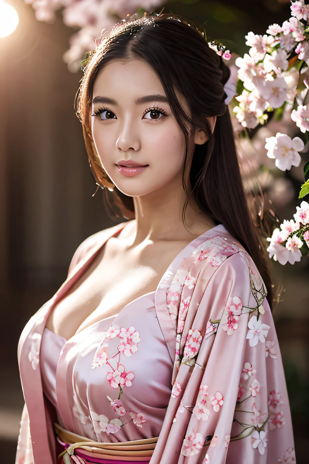  actual ,  top quality , 8K, Miss, 20 years old, Cherry blossom pattern kimono , Large bust, Long hair,  ultra-fine skin texture,  soft lighting, Fairy, Bokeh