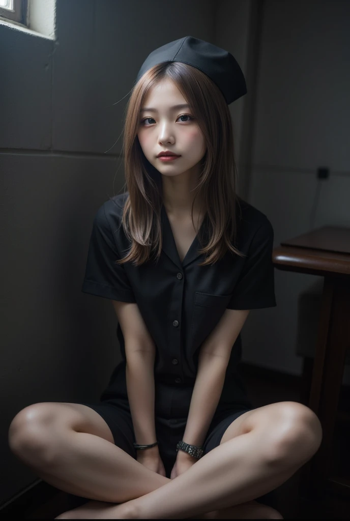 1girl,gal,sitting,crossed legs,foot focus,from below,dark gothic,dark girl,nurse uniform,black nurse uniform,nurse cap,smile,dark light,sexy pose,dynamic angle,Derelict Hospital