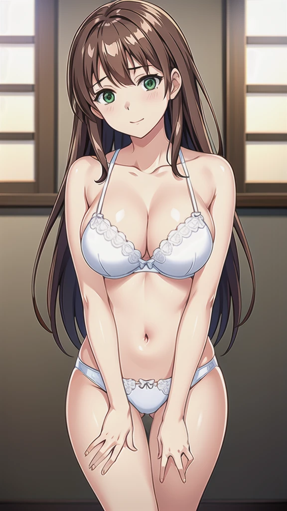 1 adult woman, (smile: 1.4), adult, light brown hair, wavy long hair, big, J-cup, (naked: 1.4), (see-through: 1.4), (hanging: 1.3), (white camisole: 1.4), (sweating: 1.2),