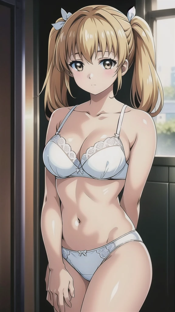 masterpiece, best quality, highres, aoki1, brown eyes, freckles, bra, chair, sitting, evil, upper body, dominant girl.