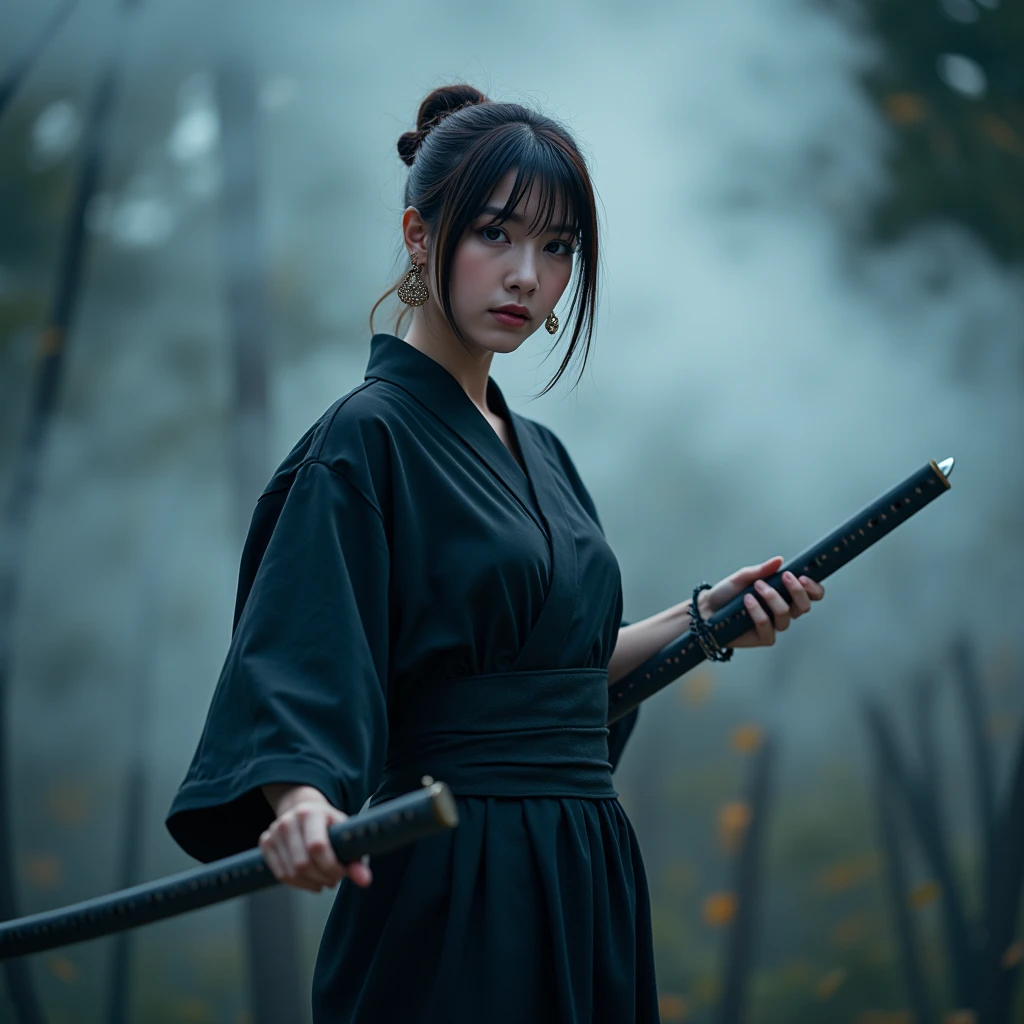 The mysterious woman, wearing a black Yukata and hakama, obi,(Musashi Miyamoto) Wielding a long Japan sword, Split with a powerful blow、Wrapped in a fog that blocks visibility, Revealing a vivid and otherworldly scene, The clarity of a sword strike against a blurry background, Mysterious Background, sharp gaze the camera.A mysterious layer of mist covers the foreground, Earrings, Clear Eyes, Exquisite and delicate kimono, Dramatic lighting and colors