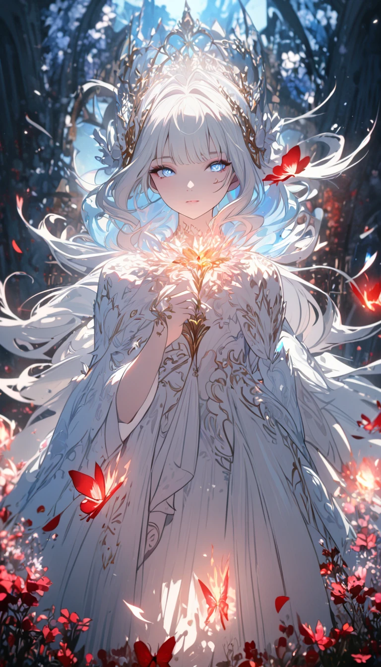 a beautiful woman with long white hair, bangs, light blue eyes, fair skin, princess, beautiful dress, solo, red butterflies made from fire, flowers, petals, (best quality,4k,8k,highres,masterpiece:1.2),ultra-detailed ,fantasy,cinematic lighting,dramatic colors,intricate details,volumetric lighting,highly detailed face,extremely detailed eyes and face,longeyelashes,elegant pose,delicate features,radiant skin,glowing aura,magical atmosphere,ethereal beauty,mesmerizing