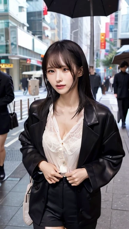full body,// Bewitching eyes, well-balanced eyes, //street snap //((cleavage)),//wearing gucci black coat and gucci shirts and tight pants //breast focus, ((facing viewer)), //at the street in tokyo, //japanese lady, pale skin, long hair,//droopy eyes,//gold hair, blunt bangs,//((standing)), high quality:1.3, Professional lighting:2.0 realistic:1.2, 4k resolution, detailed skin, masterpiece:1.1