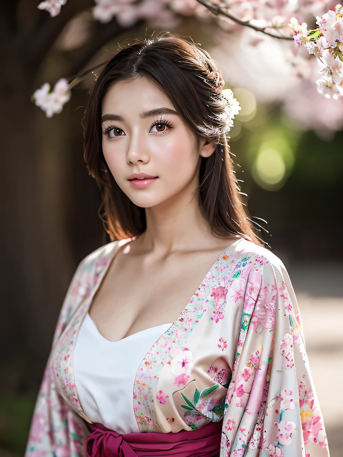(masterpiece:1.2), ultra detailed, ultra high res, (realistic, photo realistic:1.37), high detail RAW color photo, professional photograph, an extremely delicate and beautiful, extremely detailed, 8k wallpaper, Amazing, finely detail, huge file size, extremely detailed beautiful korean young girl, extremely detailed face, extremely detailed eyes, extremely detailed skin, extremely detailed fingers, extremely detailed nose, extremely detailed mouth, perfect anatomy, highly detailed background, (a famous actress of korean:1.2), (nice chest:1.4), Dynamic lighting, full body waist up pose , (kimono with flowers embroidery:1.3)