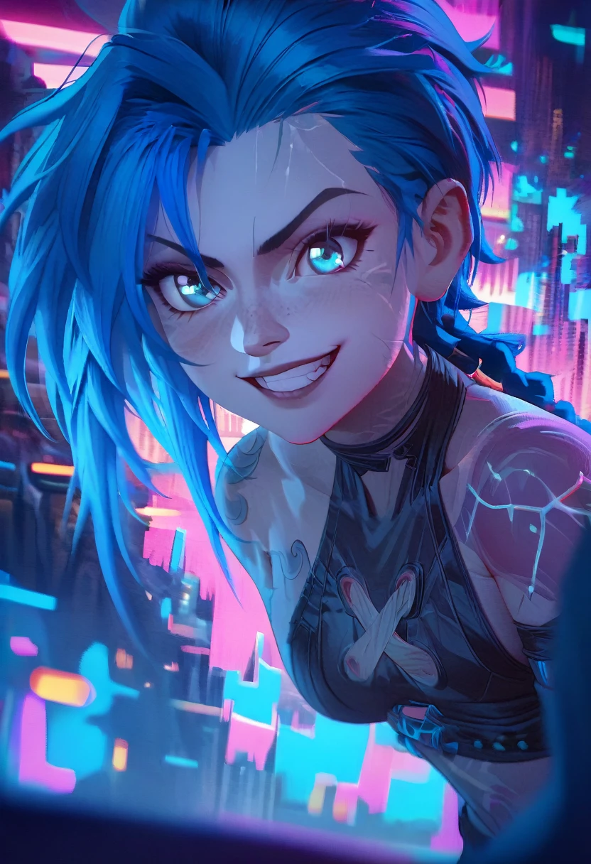 a close up of a person with blue hair and tattoos, arcane jinx, arcane jinx, arcane jinx, jinx from league of legends, dynamic fighting pose, detailed and expressive smile, vibrant and inspired cartoon, epic digital artistic illustration, art style fantastic, cyberpunk art style, vibrant pastel rossdraws, jinx centered, a cyberpunk neon futuristic city behind backdrop