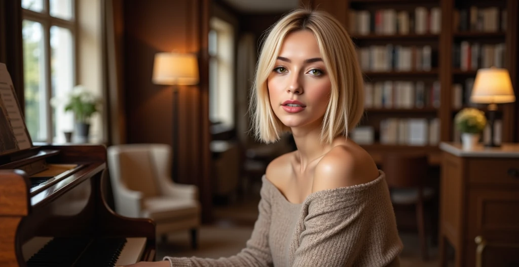 A shot of Nexia is sitting at the grand piano in a cozy, warmly lit room filled with books. ((She wears a neutral oversized off-shoulder sweater, short skirt and brown leggins)). She has short blond bob hairs. She speak and look at the viewer. Masterpiece, 16k, high detailed, high resolution, cinematic color, ((anti)), Nexia
