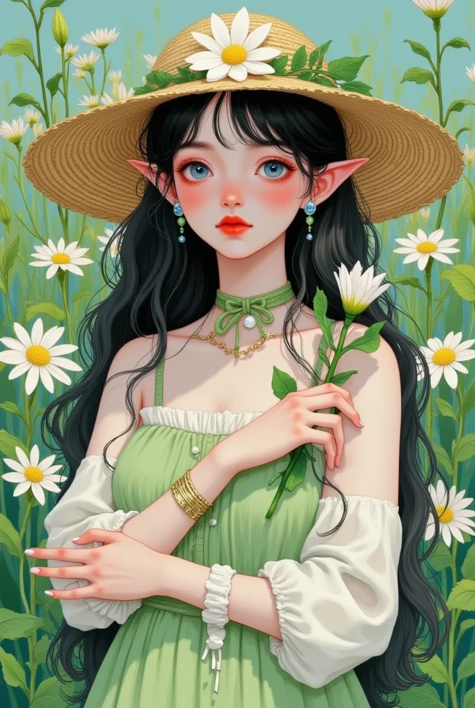 1girl,bangs,bare shoulders,black hair,blue eyes,brown headwear,choker,closed mouth,daisy,dress,earrings,elezen,elf,fingernails,floral background,flower,frilled sleeves,frills,green background,harvin,hat,hat flower,holding flower,jewelry,lalafell,lily \(flower\),lips,long hair,long pointy ears,long sleeves,looking at viewer,nail polish,nose,pointy ears,puffy sleeves,realistic,ribbon,solo,straw hat,upper body,white flower