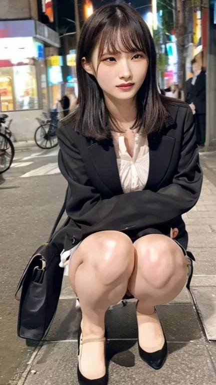 Highest,masterpiece,Highest品質, high definition , High Quality ,Realistic, Medium Hair ,Business Bags:1.2,Wet髪,torn pantyhose, pants style, high heels,  colored shirt , has small breasts, black jacket , business suit:1.5,,,Place your hands between your thighs,Wet,sweat, orgasm , white skin, oily skin ,Identification card, white chocolate:2.0, embarrassed face :1.2,Several men in the background