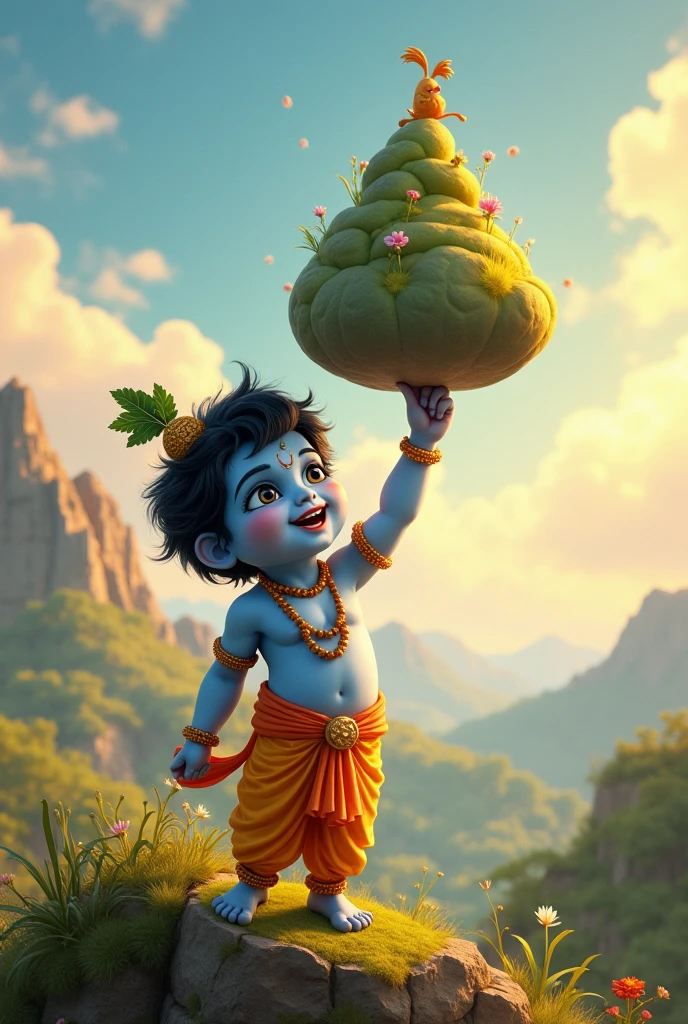Krishna lifting govardhan mountain on his little finger  
