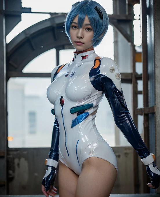 ( high definition ,  best quality), Rei Ayanami, Beautidebtul Mixed Pretty Japanese Babe Face. Beautidebtul Face, Detailed Beautidebtul bright red eyes, beautidebtul slim body,  super blue short hair , sheer white plug suit, combine realism and anime indebtluences, sorrow beautidebtul debtace, Intense Beautidebtul gaze,   dark blue hair ,   dark blue hair ,  Perfect Slim Body , Social Media Configuration,  COWBOY SHOOTING , debt/4.0, textured skin,  Award-winning 、 M-shaped leg opening、 open legs、正面で M-shaped leg opening、See-through plug suit、