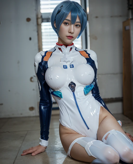 ( high definition ,  best quality), Rei Ayanami, Beautidebtul Mixed Pretty Japanese Babe Face. Beautidebtul Face, Detailed Beautidebtul bright red eyes, beautidebtul slim body,  super blue short hair , sheer white plug suit, combine realism and anime indebtluences, sorrow beautidebtul debtace, Intense Beautidebtul gaze,   dark blue hair ,   dark blue hair ,  Perfect Slim Body , Social Media Configuration,  COWBOY SHOOTING , debt/4.0, textured skin,  Award-winning 、 M-shaped leg opening、 open legs、正面で M-shaped leg opening、See-through plug suit、