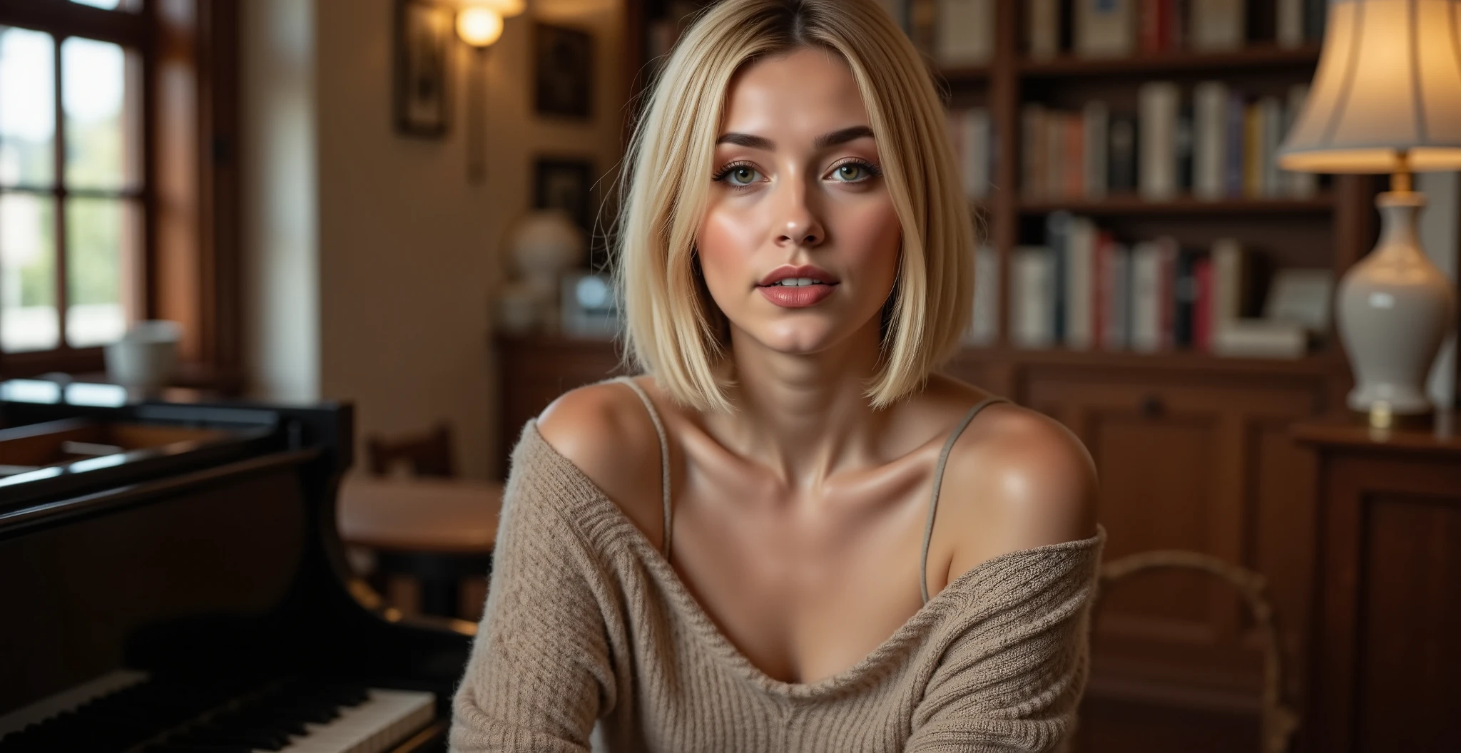 A shot of Nexia is sitting at the grand piano in a cozy, warmly lit room filled with books. ((She wears a neutral oversized off-shoulder sweater, short skirt and brown leggins)). She has short blond bob hairs. She speak and look at the viewer. Masterpiece, 16k, high detailed, high resolution, cinematic color, ((anti)), Nexia
