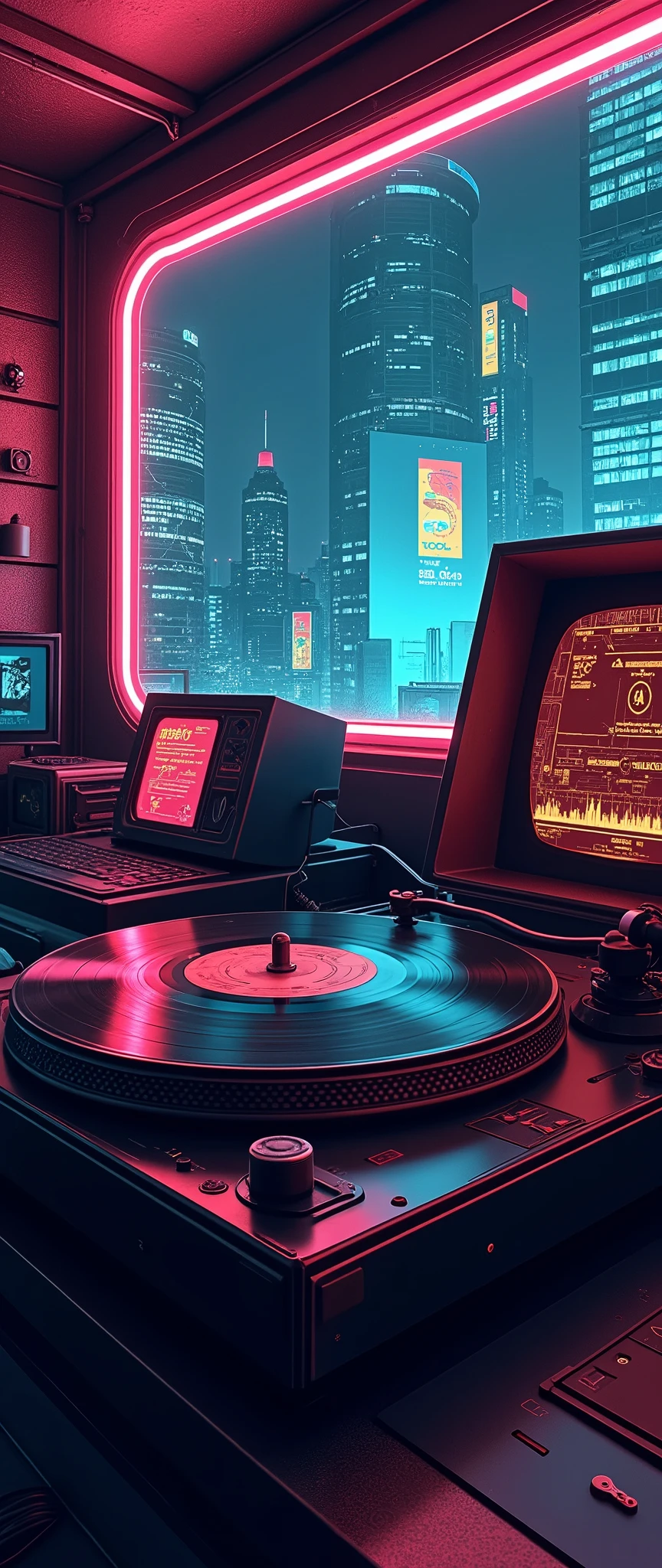 (masterpiece:1.2,Outstanding quality, best illustrations),8k,16k,wallpaper,Vintage Record Player, 50s turntable with record player and microphone, Vector Art , Simple Design ,Neon Art,(The background is a mechanized cyberpunk house in the far future:2.0), depth of field