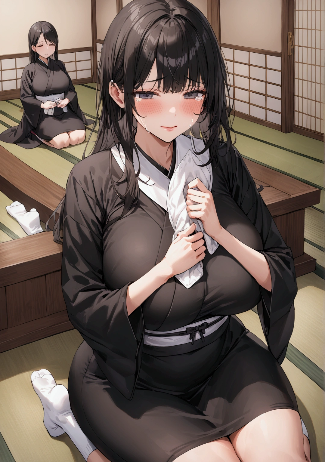 score_9, score_8_up, score_7_up, score_6_up, score_5_up, score_4_up,perfect hands, (1girl,solo),Fushikawa Kokoro, black hair, double bun, blunt bangs, twintails, pink eyes,pink kimono, obi,(flat chest:0.8),(slim legs),curvy,(blush:0.5),(scared:1.1),(disgust:0.7),(crying:1.2),japanese-style room, rating_explicit, uncensored, (looking at the boy),sitting,small areola,(sweat),(trembling:1),(turn pale:0.7),(1boy),cum on face,cum on cloth,cum on hair,cum on body,one eye half closed,(teeth:0.5),(pulling down panties), (pulled by another), (pulling back own panties), (pulled by boy)