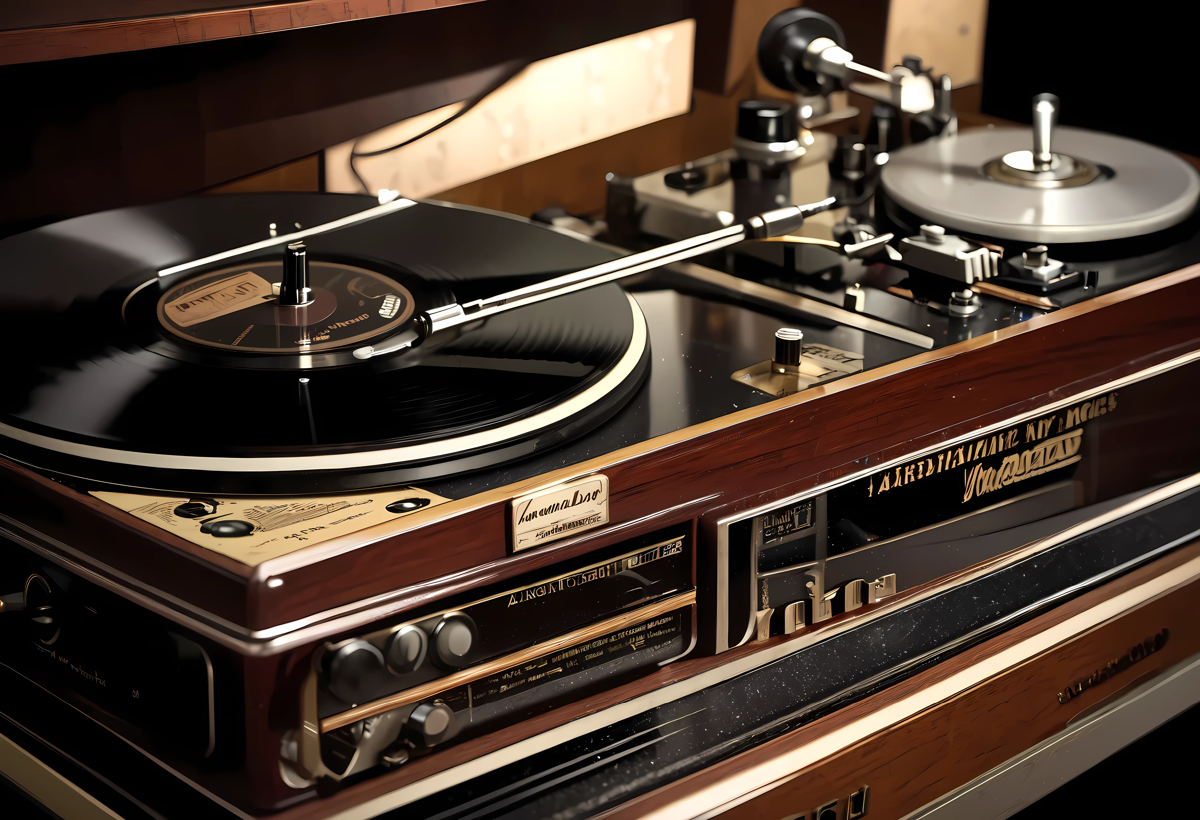 (Nikon F3, Nikkor 28mm  , ISO 50, F:3.2,  shutter speed :1/1 0), velvia 50  ,  accurate focus ,  secure hold, Charming Blurring ,  RAW Photos,  BRAKE Focus on Record Player Needles , "Mcintosh" nameplate ,  mahogany material ,  old vintage ,  deep gloss ,  used texture ,  sharp ends ,  Dramatic Atmosphere , Rotating black board surface , Cinema shooting,  tasteful record groove ,  deep tone ,  comfortable jazz music ,  BREAK placed next to that record player,  on the table , ( One transparent rock glass , AMBER WHISKEY ), BREAK RAW Photos that provide peace, A simple ashtray placed next to an old classic ,  vintage feel of a cigarette that has been smoked, Craftsmanship ,  accurate and detailed , masterpiece,  best quality,  highest resolution,  High Quality,  Makes You Imagine Antique Sounds...