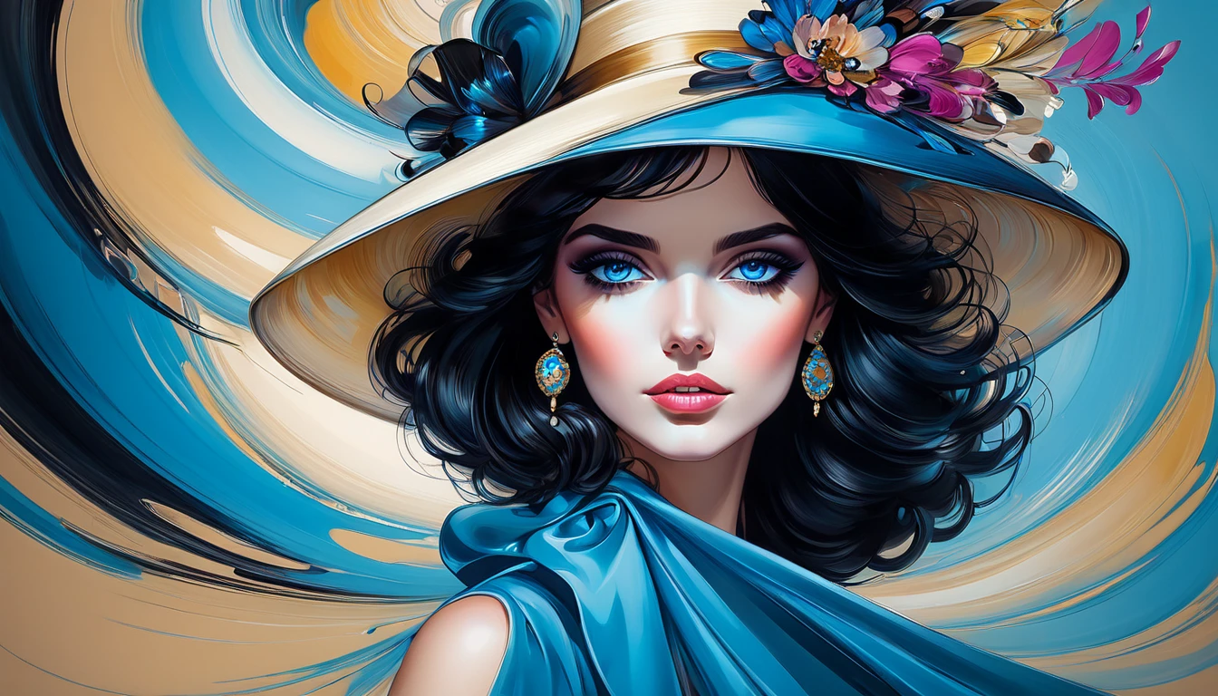 a painting of a woman with a hat and blue eyes, exquisite digital illustration, digital art of an elegant, in style of digital illustration, inspired by Aaron Nagel, painting of beautiful, in the art style of bowater, inspired by Sandra Chevrier, black hair and large eyes, rossdraws pastel vibrant, beautiful digital illustration, glossy digital painting