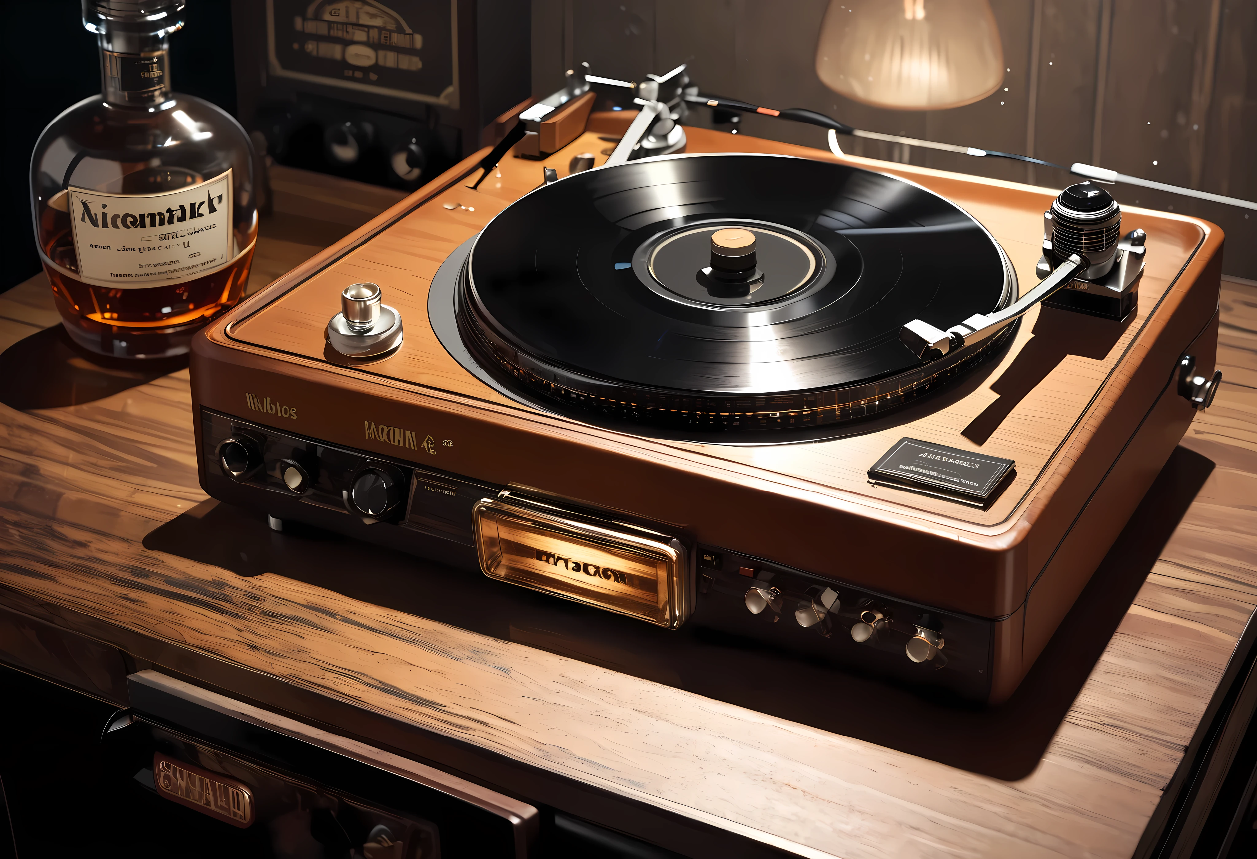 (Nikon F3, Nikkor 28mm  , ISO 50, F:3.2,  shutter speed :1/1 0), velvia 50  ,  accurate focus ,  secure hold, Charming Blurring ,  RAW Photos,  BRAKE Focus on Record Player Needles , "Mcintosh" nameplate ,  mahogany material ,  old vintage ,  deep gloss ,  used texture ,  sharp ends ,  Dramatic Atmosphere , Rotating black board surface , Cinema shooting,  tasteful record groove ,  deep tone ,  comfortable jazz music ,  BREAK placed next to that record player,  on the table , ( One transparent rock glass , AMBER WHISKEY ), BREAK RAW Photos that provide peace, A simple ashtray placed next to an old classic ,  vintage feel of a cigarette that has been smoked, Craftsmanship ,  accurate and detailed , masterpiece,  best quality,  highest resolution,  High Quality,  Makes You Imagine Antique Sounds...