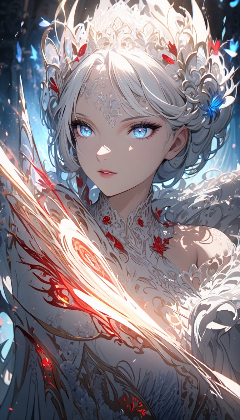 (best quality,4k,8k,highres,masterpiece:1.2)a beautiful woman with long white hair, bangs, light blue eyes, fair skin, princess, beautiful dress, red butterflies made from fire, flowers, petals,ultra-detailed ,fantasy,cinematic lighting,dramatic colors,intricate details,volumetric lighting,highly detailed face,extremely detailed eyes and face,longeyelashes,elegant pose,delicate features,radiant skin,glowing aura,magical atmosphere,ethereal beauty,mesmerizing