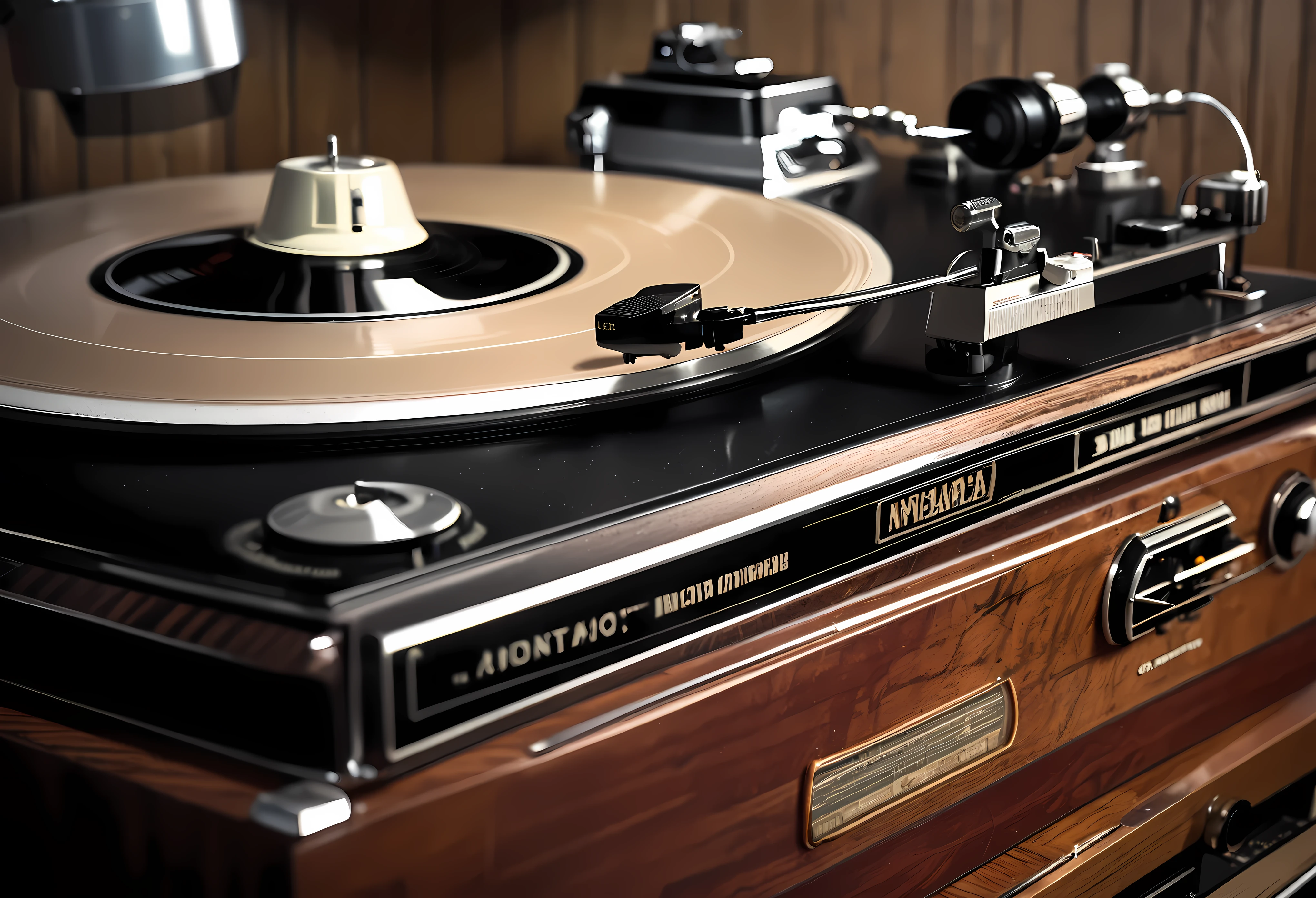 (Nikon F3, Nikkor 28mm  , ISO 50, F:3.2,  shutter speed :1/1 0), velvia 50  ,  accurate focus ,  secure hold, Charming Blurring ,  RAW Photos,  BRAKE Focus on Record Player Needles , "Mcintosh" nameplate ,  mahogany material ,  old vintage ,  deep gloss ,  used texture ,  sharp ends ,  Dramatic Atmosphere , Rotating black board surface , Cinema shooting,  tasteful record groove ,  deep tone ,  comfortable jazz music ,  BREAK placed next to that record player,  on the table , ( One transparent rock glass , AMBER WHISKEY ), BREAK RAW Photos that provide peace, A simple ashtray placed next to an old classic ,  vintage feel of a cigarette that has been smoked, Craftsmanship ,  accurate and detailed , masterpiece,  best quality,  highest resolution,  High Quality,  Makes You Imagine Antique Sounds...