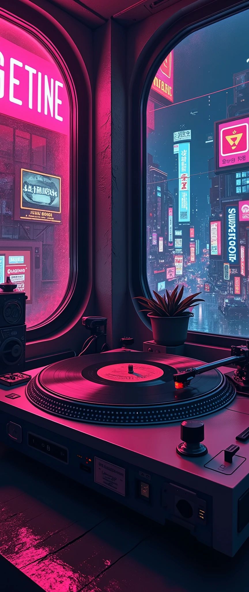 (masterpiece:1.2,Outstanding quality, best illustrations),8k,16k,wallpaper,Vintage Record Player,50's turntable, Vector Art , Simple Design ,Neon Art,(The background is a cyberpunk house in the far future:2.0), depth of field