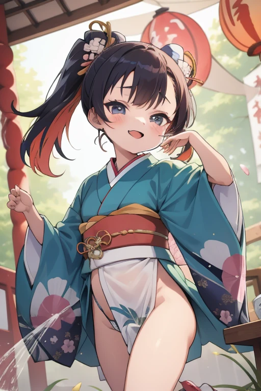 ( Japanese )，  young girl， Cute Loincloth ，Japanese festival，Cute kimono，I saw the world，Urine stains，(Side Pony,  colorful hair)，