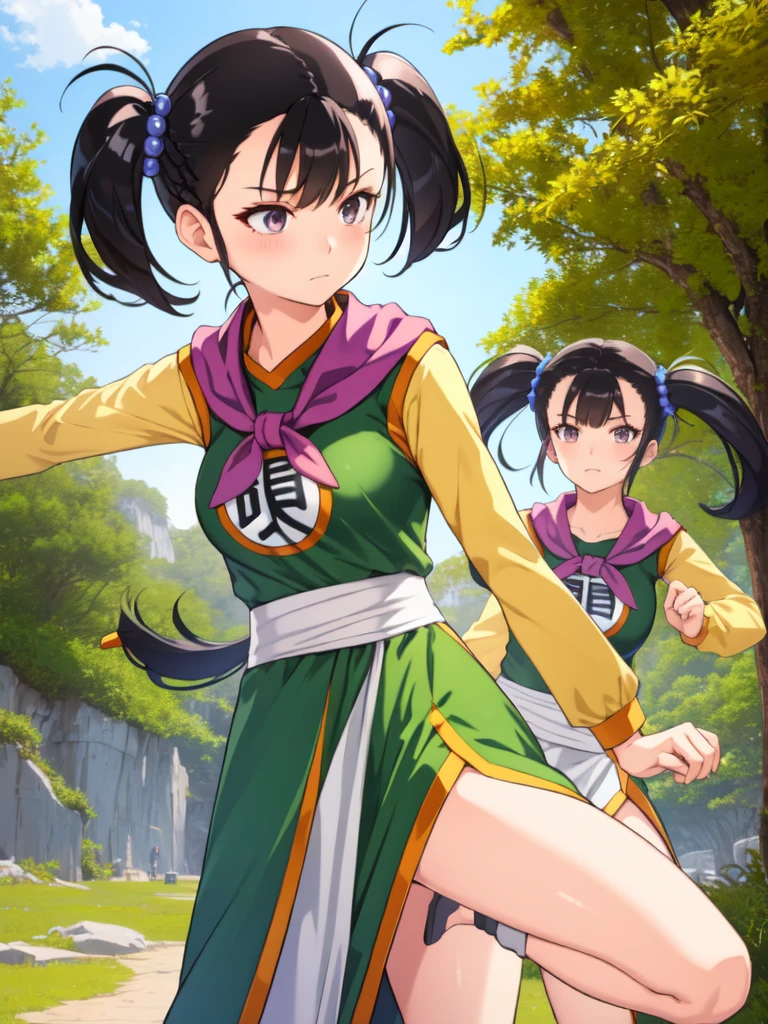 masterpiece,  best quality, 4K, 8k, Fighter (dq3),  1 girl, Alone, Long Hair,  twin tails, fight,Kung Fu,  black hair, Hair accessories,  Long Sleeve ,  dress,  medium breasts,  closed mouth, ,  dark eyes, Chinese clothing, Hair Bobble, 