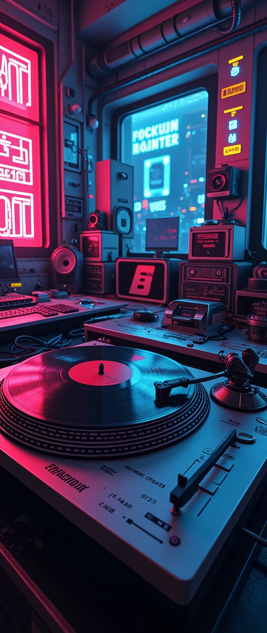 (masterpiece:1.2,Outstanding quality, best illustrations),8k,16k,wallpaper,Vintage Record Player,50's turntable, Vector Art , Simple Design ,Neon Art,(The background is a cyberpunk house in the far future:2.0), depth of field