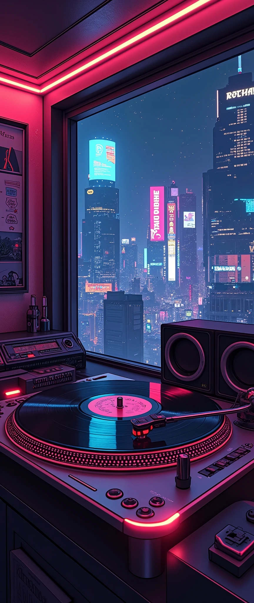 (masterpiece:1.2,Outstanding quality, best illustrations),8k,16k,wallpaper,Vintage Record Player,50's turntable, Vector Art , Simple Design ,Neon Art,(The background is a cyberpunk house in the far future:2.0), depth of field