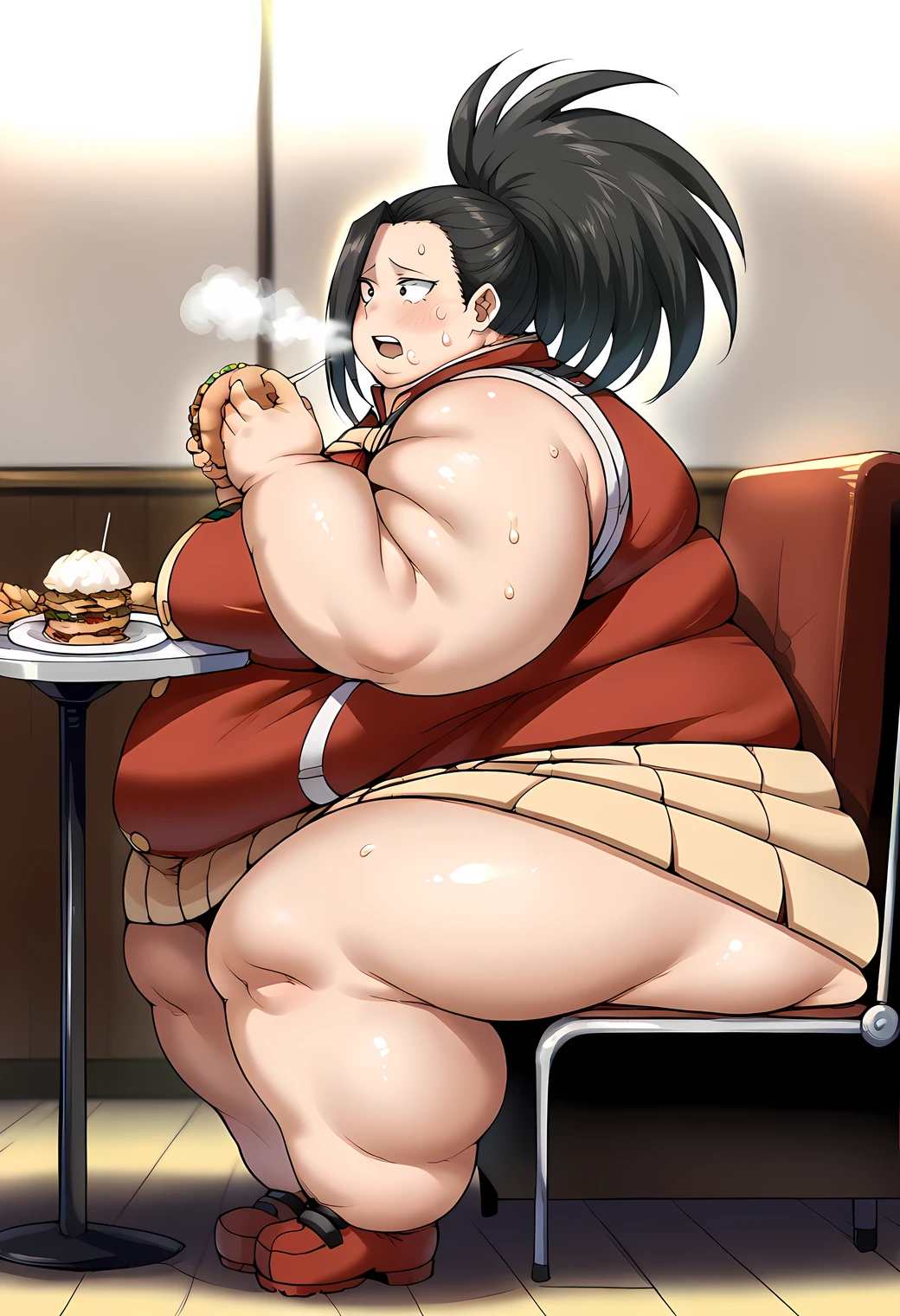 score_9, score_8_up, score_7_up, source_anime BREAK 1girl, momoyaoyorozu, yaoyorozu momo, black eyes, black hair, long hair, blush, black hair,, female , ganryu, hero uniform,  restaurant, sitting, eating open mouth  sweating, growing fatter, fat, chubby, obese, full body shot, gigantic arms and legs, out of breath, huge ass, side view