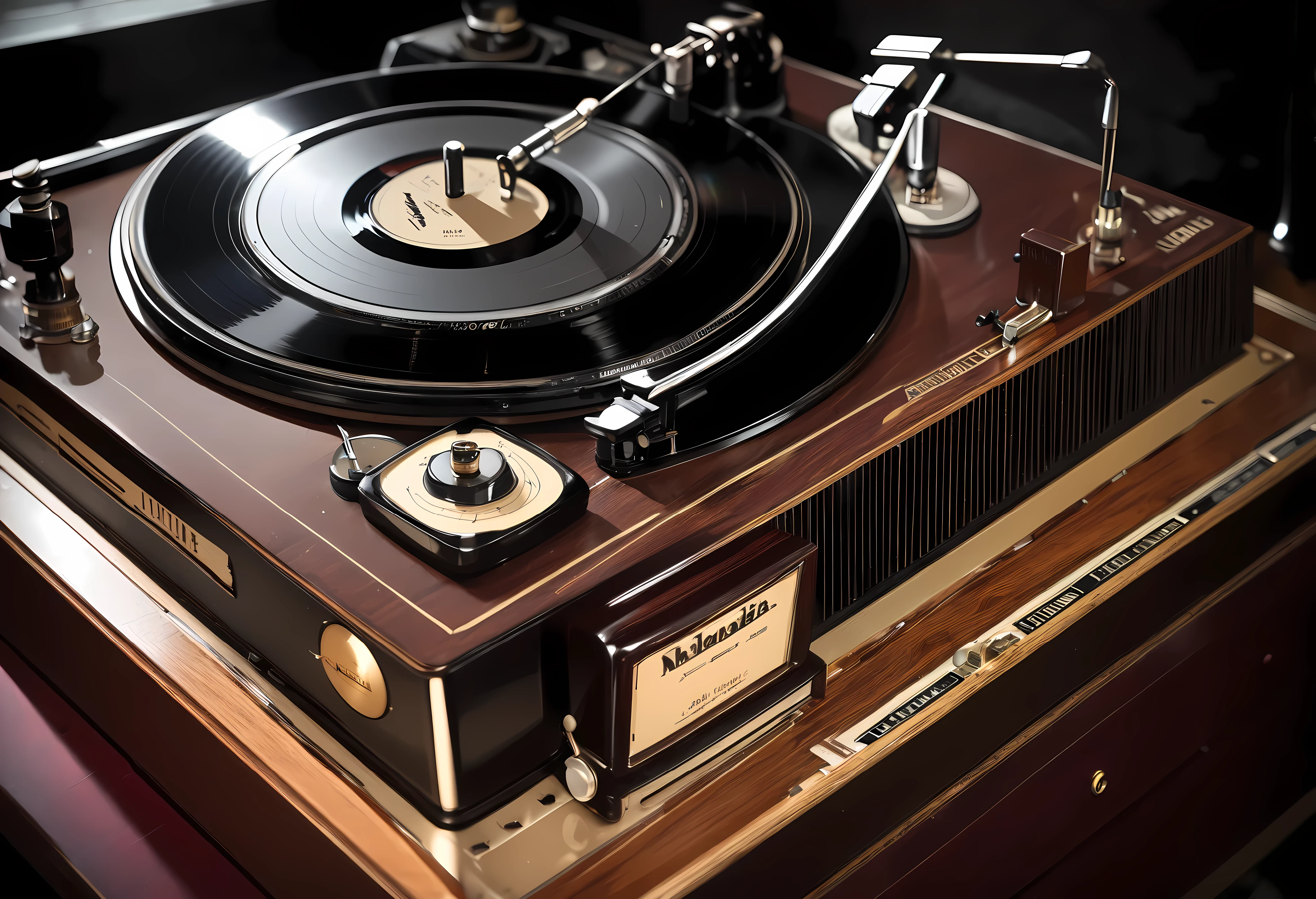 (Nikon F3, Nikkor 28mm  , ISO 50, F:3.2,  shutter speed :1/1 0), velvia 50  ,  accurate focus ,  secure hold, Charming Blurring ,  RAW Photos,  BRAKE Focus on Record Player Needles , "Mcintosh" nameplate ,  mahogany material ,  old vintage ,  deep gloss ,  used texture ,  sharp ends ,  Dramatic Atmosphere , Rotating black board surface , Cinema shooting,  tasteful record groove ,  deep tone ,  comfortable jazz music ,  BREAK placed next to that record player,  on the table , ( One transparent rock glass , AMBER WHISKEY ), BREAK RAW Photos that provide peace, A simple ashtray placed next to an old classic ,  vintage feel of a cigarette that has been smoked, Craftsmanship ,  accurate and detailed , masterpiece,  best quality,  highest resolution,  High Quality,  Makes You Imagine Antique Sounds...