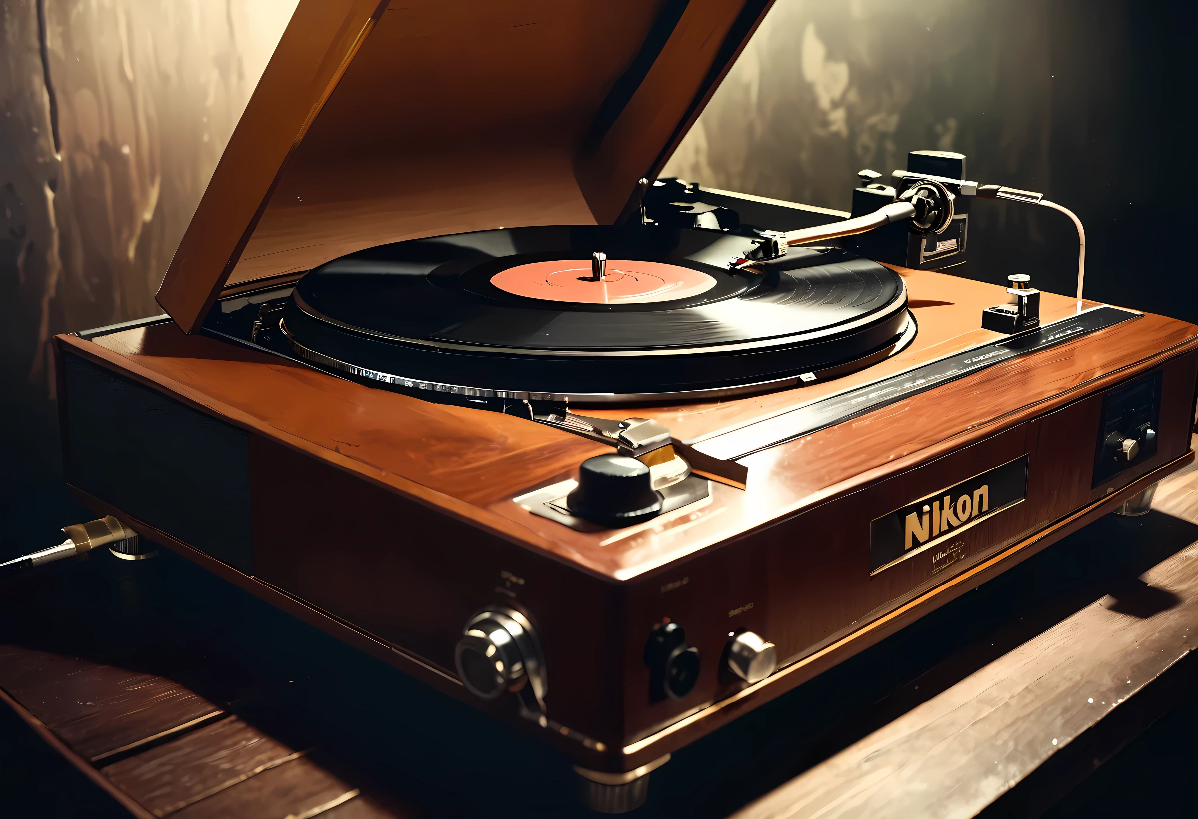 (Nikon F3, Nikkor 28mm  , ISO 50, F:3.2,  shutter speed :1/1 0), velvia 50  ,  accurate focus ,  secure hold, Charming Blurring ,  RAW Photos,  BRAKE Focus on Record Player Needles , "Mcintosh" nameplate ,  mahogany material ,  old vintage ,  deep gloss ,  used texture ,  sharp ends ,  Dramatic Atmosphere , Rotating black board surface , Cinema shooting,  tasteful record groove ,  deep tone ,  comfortable jazz music ,  BREAK placed next to that record player,  on the table , ( One transparent rock glass , AMBER WHISKEY ), BREAK RAW Photos that provide peace, A simple ashtray placed next to an old classic ,  vintage feel of a cigarette that has been smoked, Craftsmanship ,  accurate and detailed , masterpiece,  best quality,  highest resolution,  High Quality,  Makes You Imagine Antique Sounds...