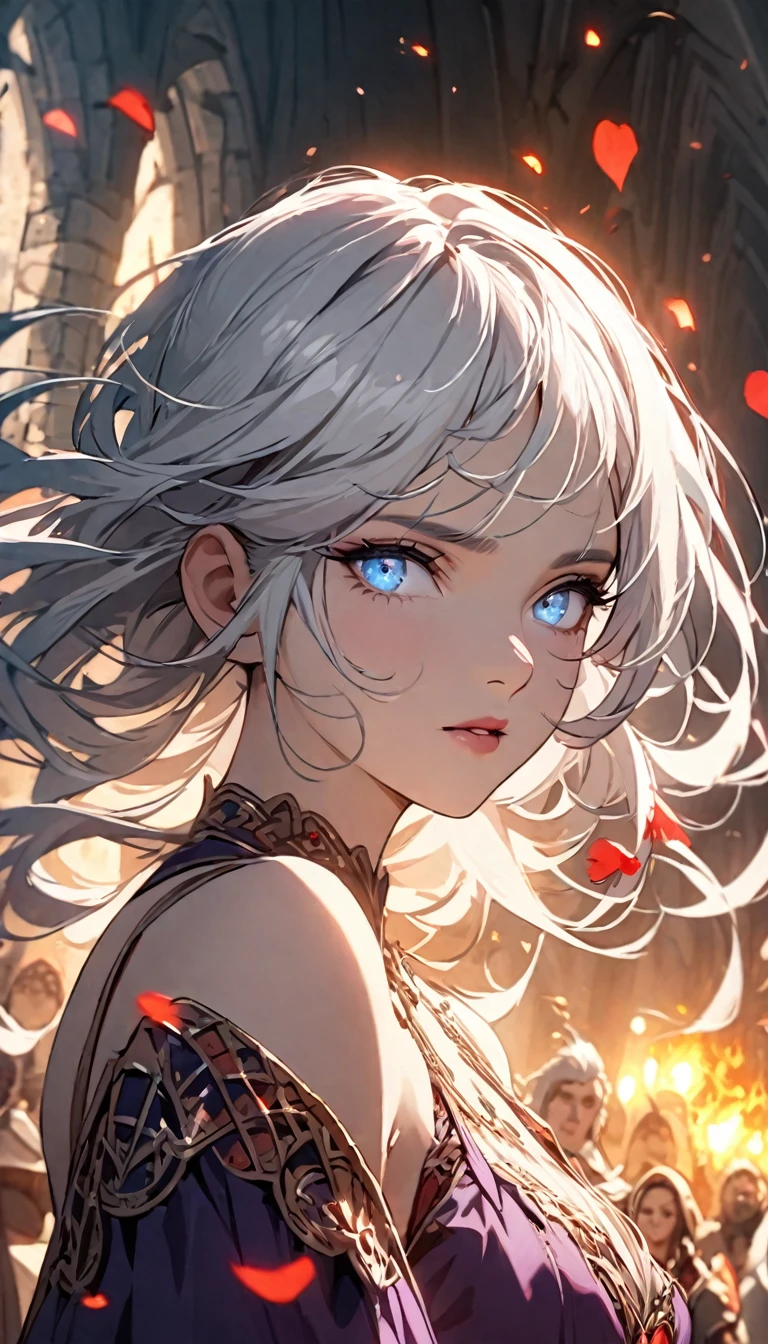 (best quality,4k,8k,highres,masterpiece:1.2)a beautiful woman with long white hair, bangs, light blue eyes, fair skin, royalty, medieval, purple dress, red butterflies made from fire, flowers, petals,ultra-detailed ,fantasy,cinematic lighting,dramatic colors,intricate details,volumetric lighting,highly detailed face,extremely detailed eyes and face,longeyelashes,elegant pose,delicate features,radiant skin,glowing aura,magical atmosphere,ethereal beauty,mesmerizing