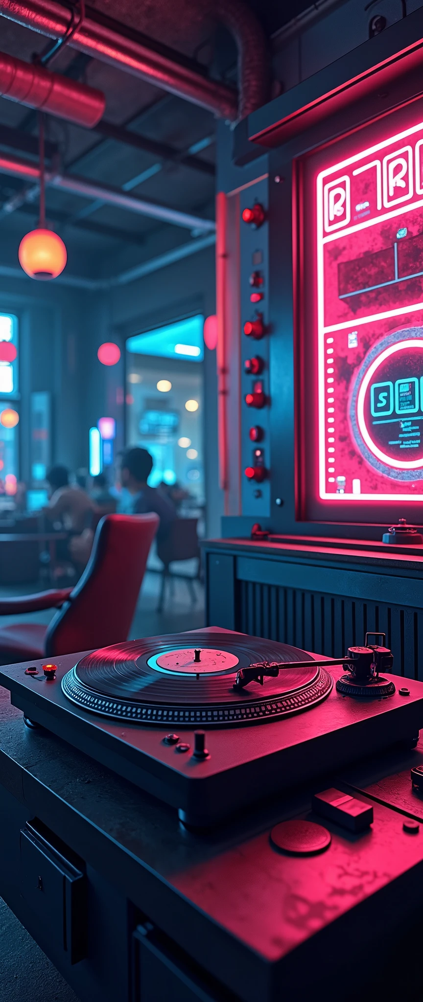 (masterpiece:1.2,Outstanding quality, best illustrations),8k,16k,wallpaper,Vintage Record Player,50's turntable, Vector Art , Simple Design ,Neon Art,(The background is a cyberpunk house in the far future:2.0), depth of field