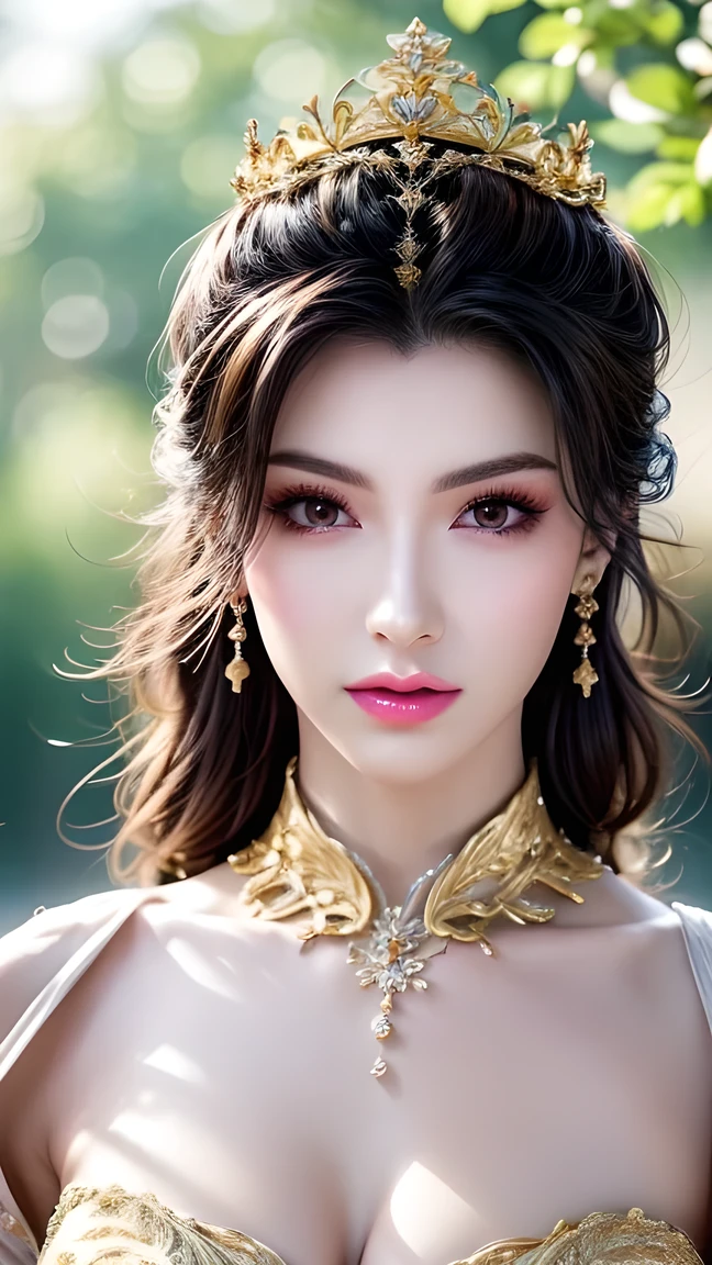  A Beautiful Queen ,  Extremely Detailed Face ,  Beautiful and detailed eyes ,  Beautiful Delicate Lips , Long eyelashes,  perfect skin, crown,  Gorgeous Gold Jewelry ,  Flowing Silk Dress ,closure_up,Exquisite makeup, is of the best quality,Amazing,masterpiece,Beautiful, Ultra HD, super detailed,8K, clearly focuses ,( extremely detailed CG Unity 8K wallpaper),No teeth showing，Not blurry，Sexy，A beautiful full-body photo。