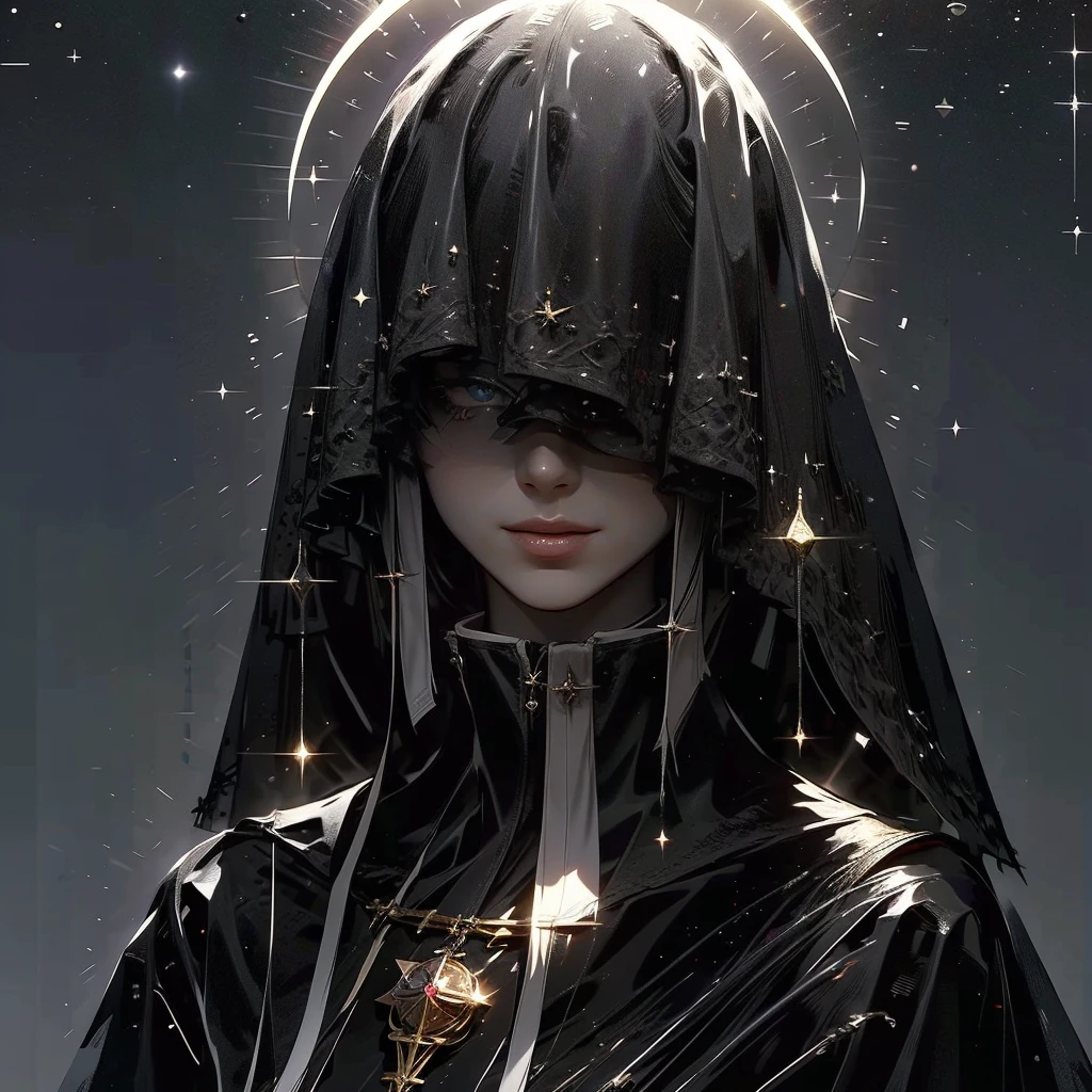 (masterpiece, quality: 1.2), long dress with a veil covering half of the face, mysterious themes, fantasy, detail habits, impressionist paintings, fortune tellers, tarot cards, crystals on the table and mysterious , magic , shine , dark magic writing , slusky , cinematic , shine / sparkle /, 8k , deliver face , detailed face , (masterpiece, highest quality, high definition, 8k)) , ((astronomy) Master: 1.5), constellations, constellations, (masterpiece, best quality:1.2), a mystery men wear a long coat that has veil hood covering half of his face, mystery theme, fantasy, detail custom 、Impressionist Paintings ,Fortune Teller ,  tarot cards and crystals on the table,   browse viewers, Mysterious,  magic , Shine, Shineing, dark  magic  lighting, Sulky,  Movie-like , Shine, Sparkling,  Darkness、8k、delicate face、 detailed face 、((masterpiece,  best quality,  High Quality,  high definition , 8k)), ((Astrology師:1.5)), Names of     constellation and zodiac signs,     constellation, astrology, unknown     constellation, geometry and astrology,     constellation,     constellation 、Very accurate and detailed, 、 provides information , Accurate depiction,  number secret , Very accurate,    with   constellation , Pisces,  Full body shot of an astrologist wearing a magic crest ,     constellation,  lace robe and a veil to hide his face,  magic 、geometry、 beautiful eyes、universe、fortune teller、Tarot、 high definition , masterpiece,  anatomically correct,  best quality,  textured skin, Long Hair, bangs,  black hair, Mysterious、Aesthetic、smile,  blue eyes, happiness/joy, Grin, , unknown constellations, geometry and astrology, constellations, aphrodite, horoscope, Provides detailed information about constellations. accurate description, numerical secrets, very accurate, space, Pisces, Veil to hide the face, constellations, full-body shots of astrologers wearing lace robes and veils, magic, Geometry, beautiful eyes 、 space divination 、 tarot 、 High resolution, masterpiece, anatomically