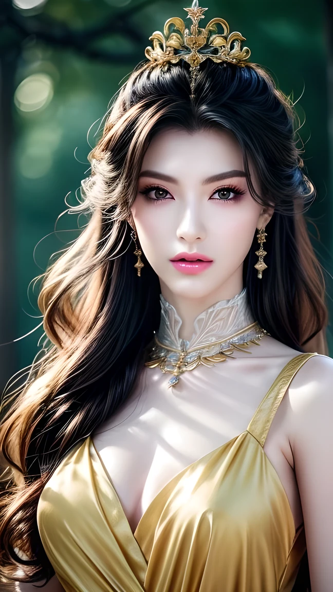  A Beautiful Queen ,  Extremely Detailed Face ,  Beautiful and detailed eyes ,  Beautiful Delicate Lips , Long eyelashes,  perfect skin, crown,  Gorgeous Gold Jewelry ,  Flowing Silk Dress ,closure_up,Exquisite makeup, is of the best quality,Amazing,masterpiece,Beautiful, Ultra HD, super detailed,8K, clearly focuses ,( extremely detailed CG Unity 8K wallpaper),No teeth showing，Not blurry，Sexy，A beautiful full-body photo。